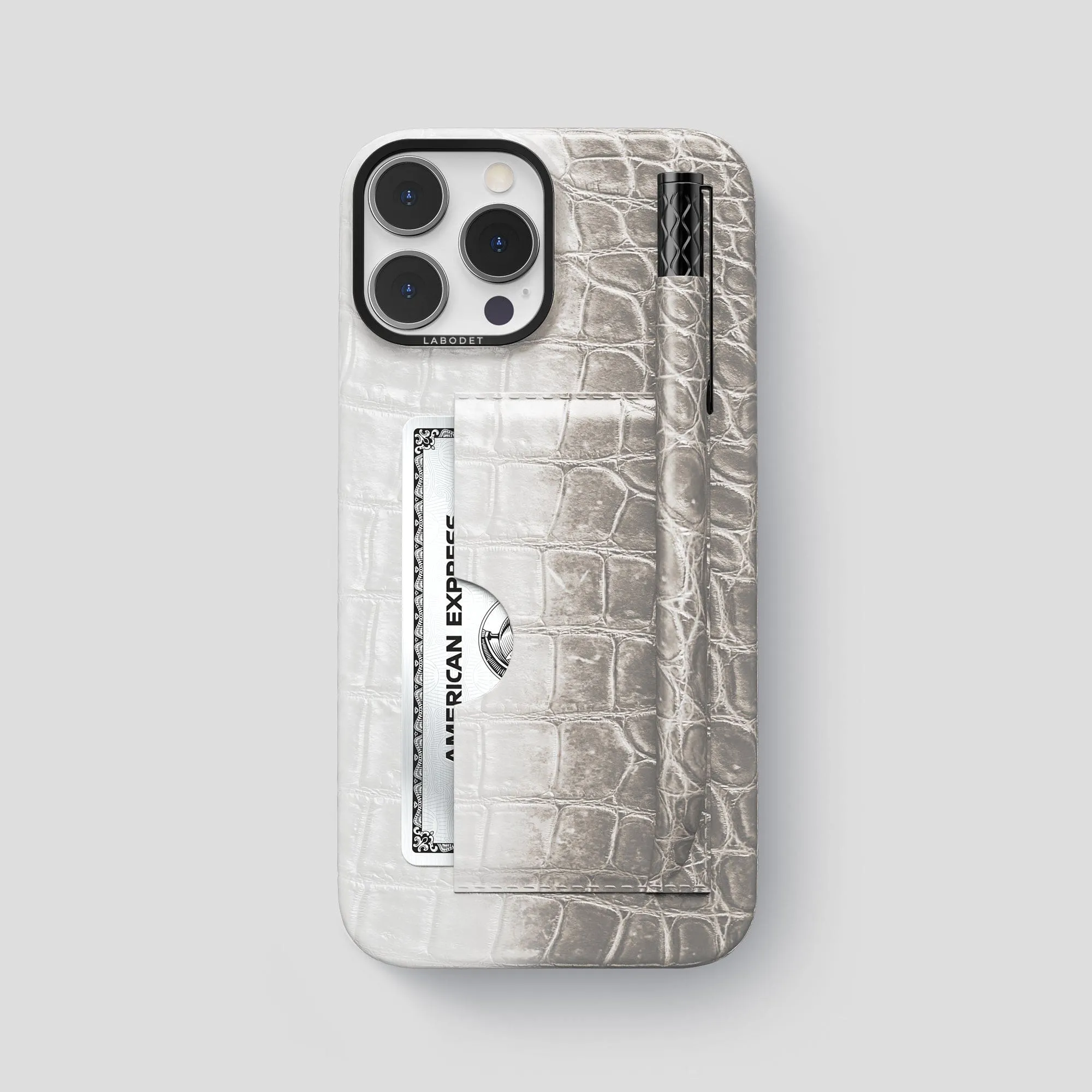 Card and Pen Holder Case For iPhone 15 Pro Max In Himalayan Crocodile Luxury Finish Texture Durable Texture Finish