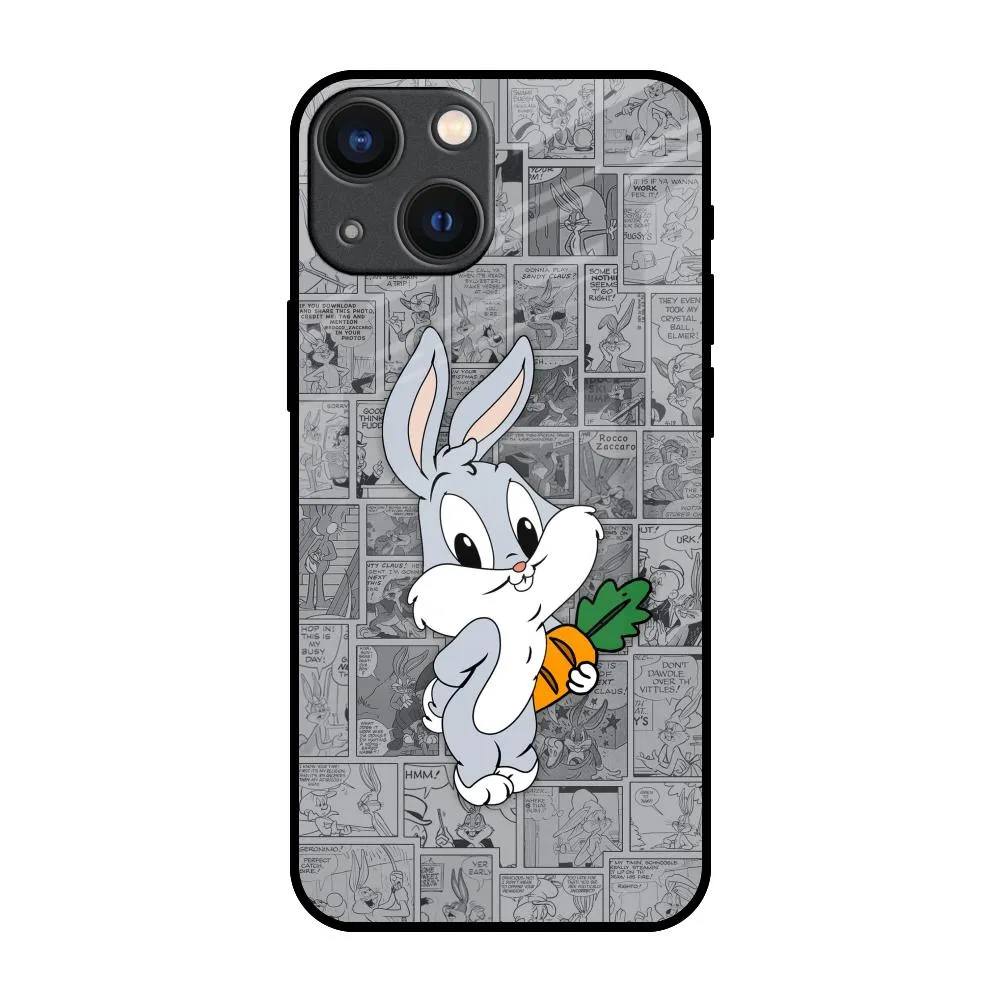 Cute Baby Bunny Glass Case for iPhone 14 Plus Elegant Surface Classic Look