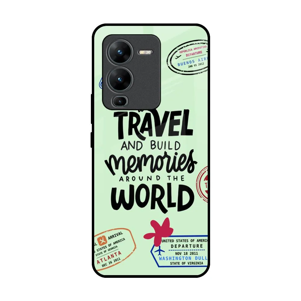 Travel Stamps Glass Case for Vivo V25 Pro Polished Detail Edge Matte Surface Design