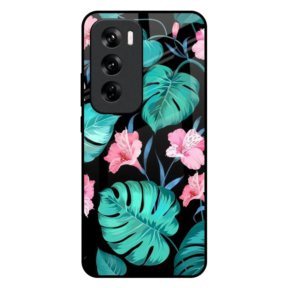 Tropical Leaves & Pink Flowers Glass Case for Oppo Reno 12 Pro 5G Luxury Texture Finish