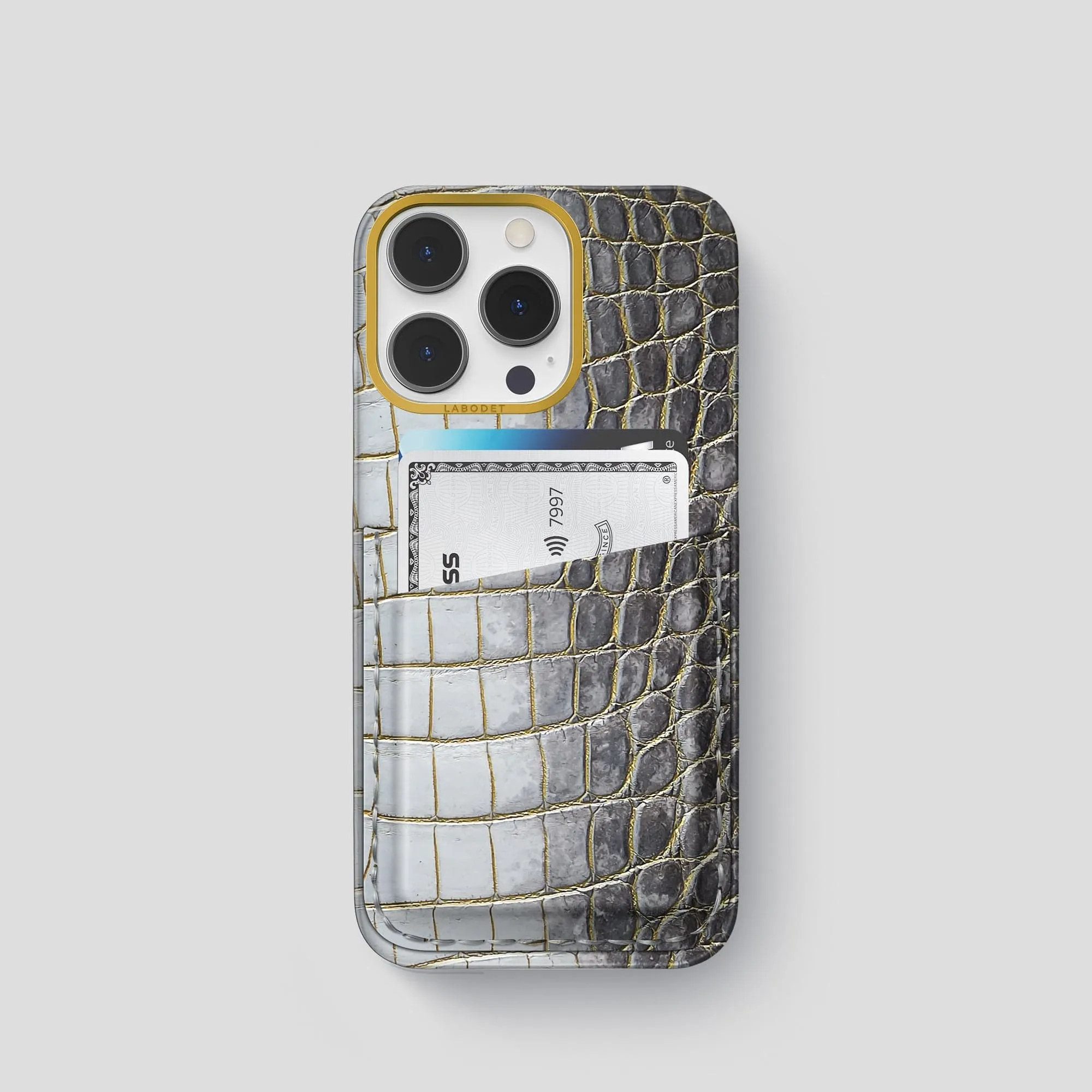 Double Card Case For iPhone 15 Pro In Himalayan Crocodile Smooth Surface Gradient Design