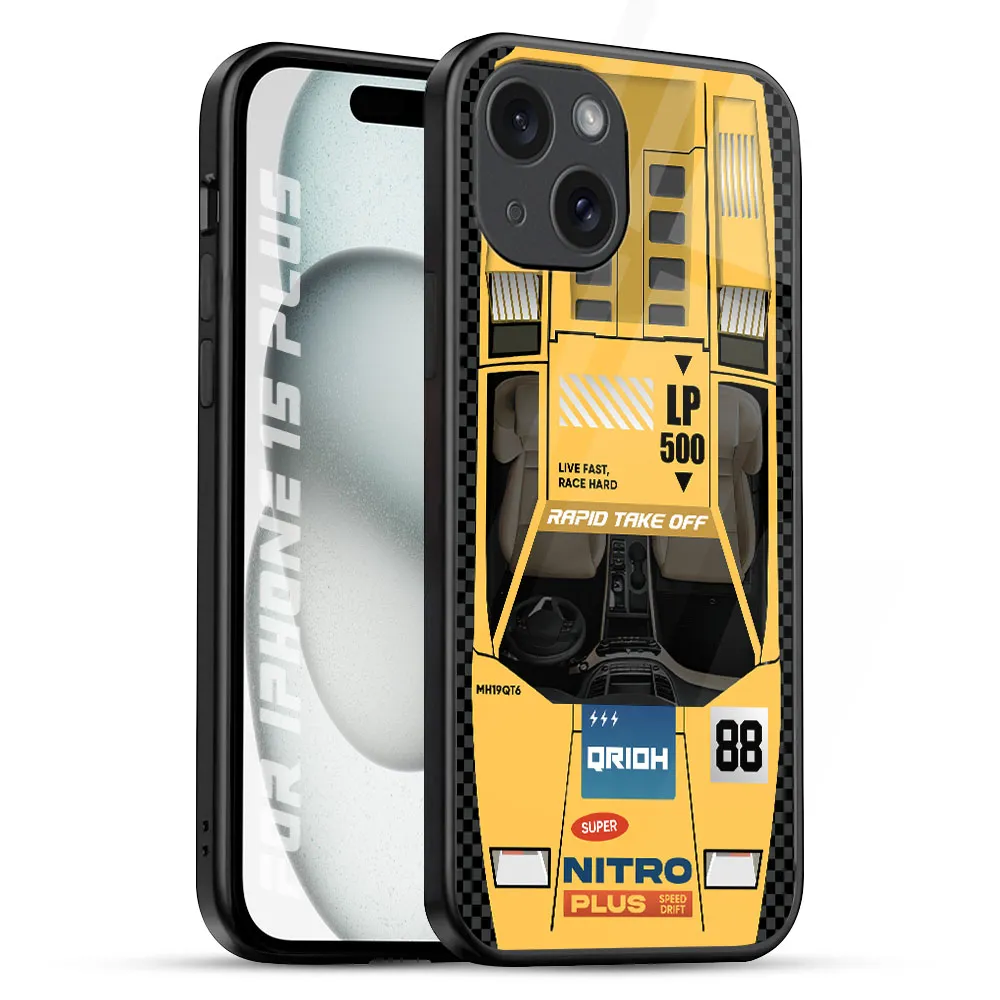 Yellow Racing Car Glass Case for iPhone 15 Plus Smooth Grip Clear Back