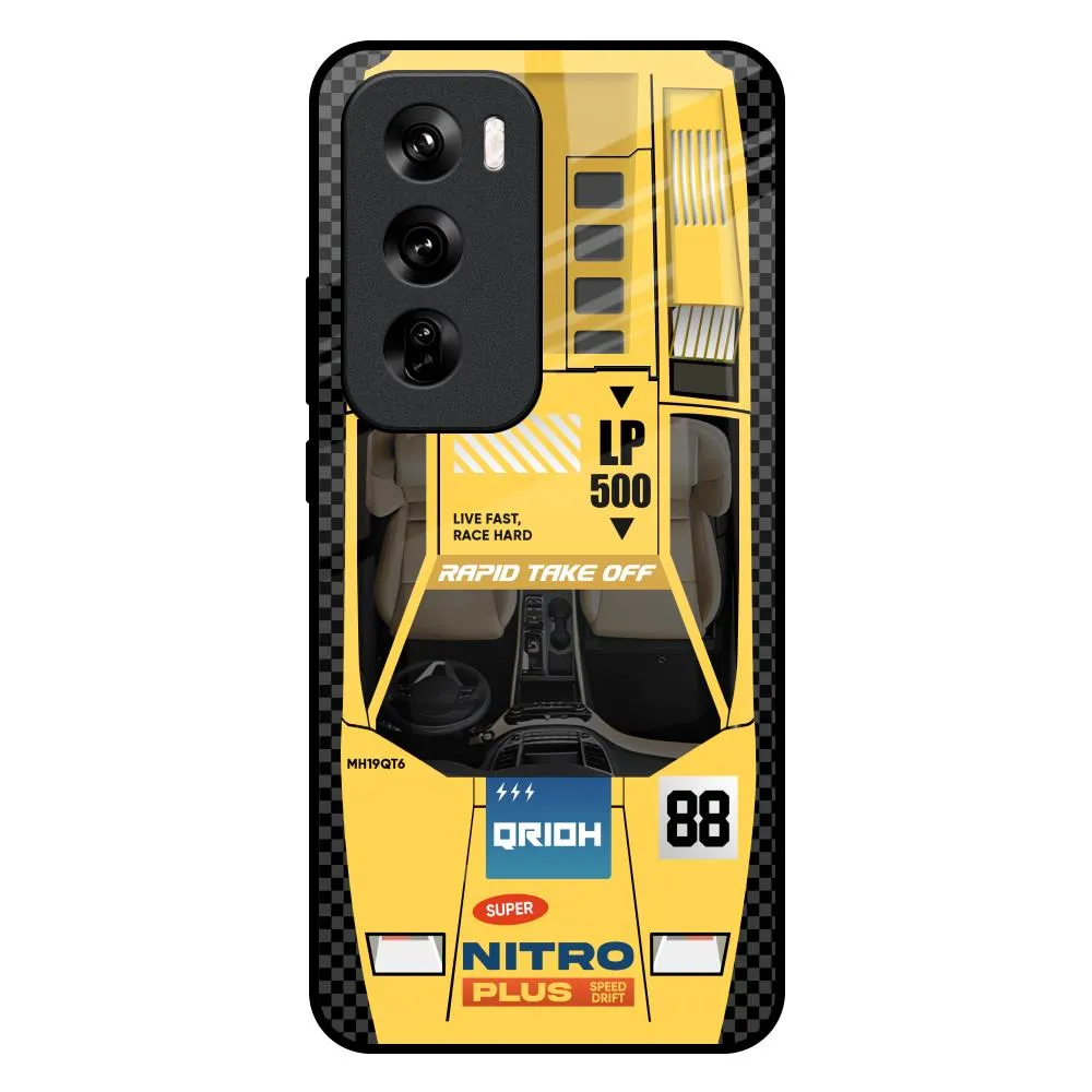 Rugged Finish Protective Corners Yellow Racing Car Glass Case for Oppo Reno 12 5G